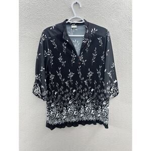 Womens Laurel Ridge Shirt Size 16 Black and White Floral 3/4 Sleeve Button Up